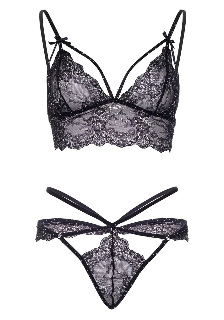 Rhinestone Blúndu Bralette og G-Strengur